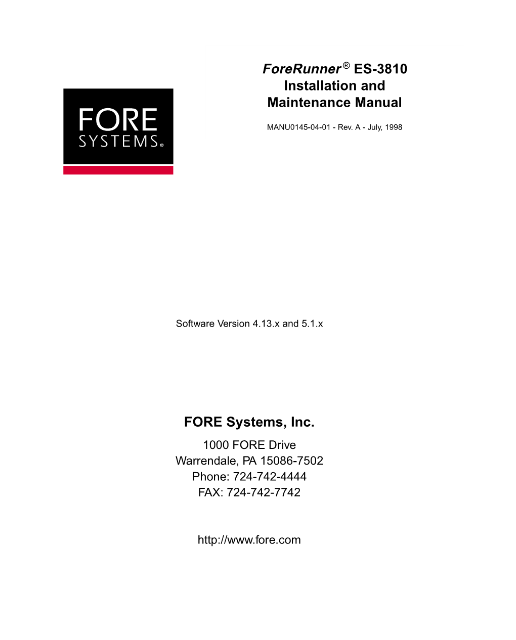 Forerunner ® ES-3810 Installation and Maintenance Manual Fs MANU0145-04-01 - Rev