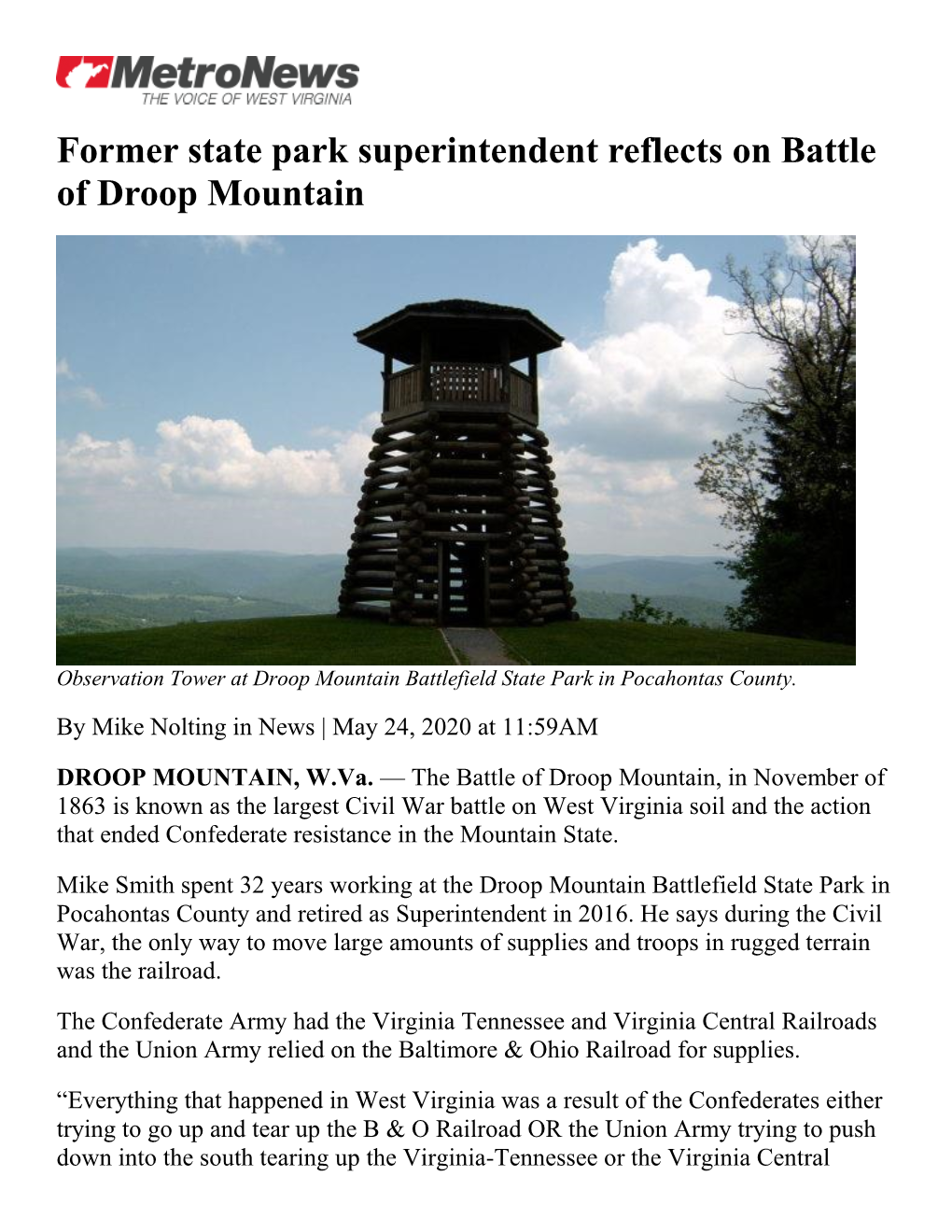 Former State Park Superintendent Reflects on Battle of Droop Mountain