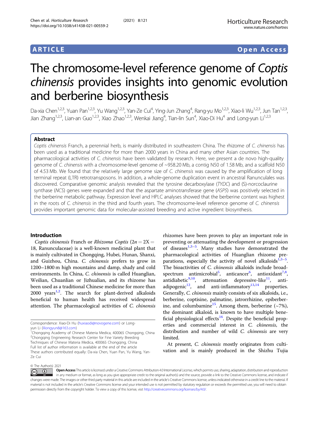 The Chromosome-Level Reference Genome of Coptis Chinensis Provides Insights Into Genomic Evolution and Berberine Biosynthesis