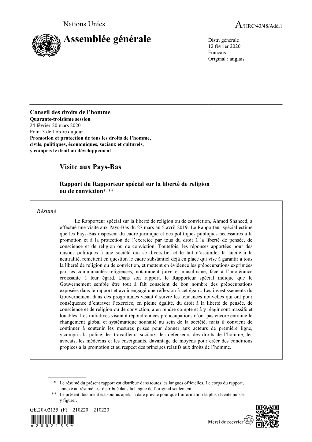 Page 1 GE.20-02135 (F) 210220 210220 Conseil Des Droits De L