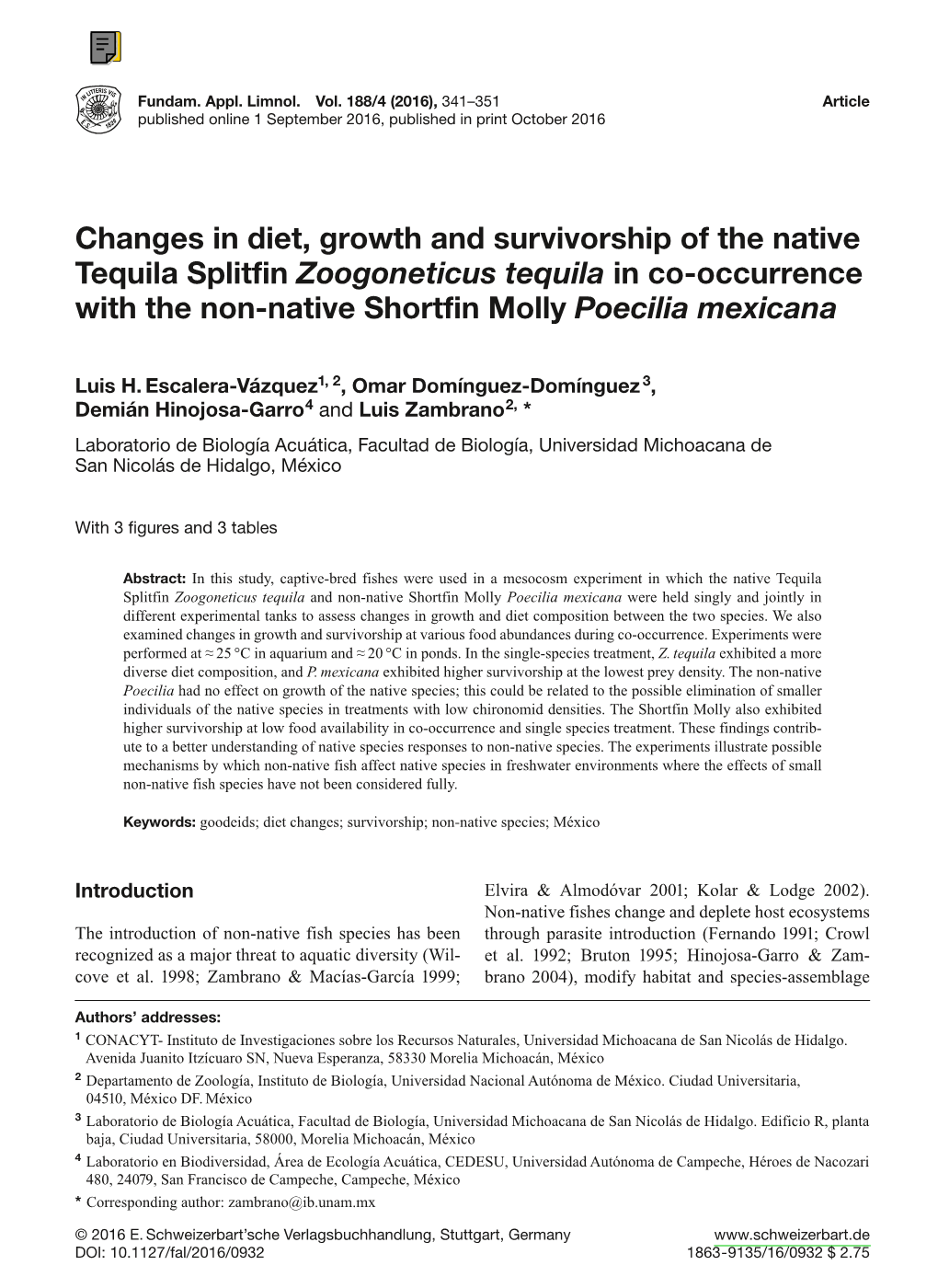 Changes in Diet, Growth and Survivorship of the Native Tequila Splitfin Zoogoneticus Tequila in Co-Occurrence with the Non-Native Shortfin Molly Poecilia Mexicana