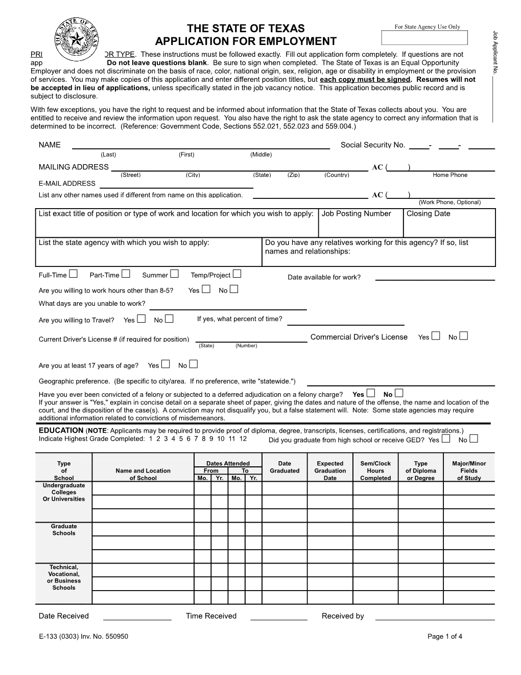 Form E-133: the State of Texas Application for Employment (Accessible for Screen Readers)