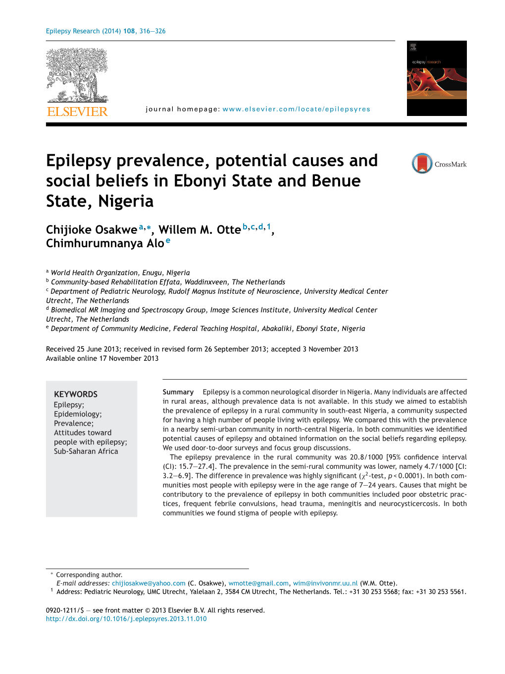 Epilepsy Prevalence, Potential Causes and Social Beliefs in Ebonyi State
