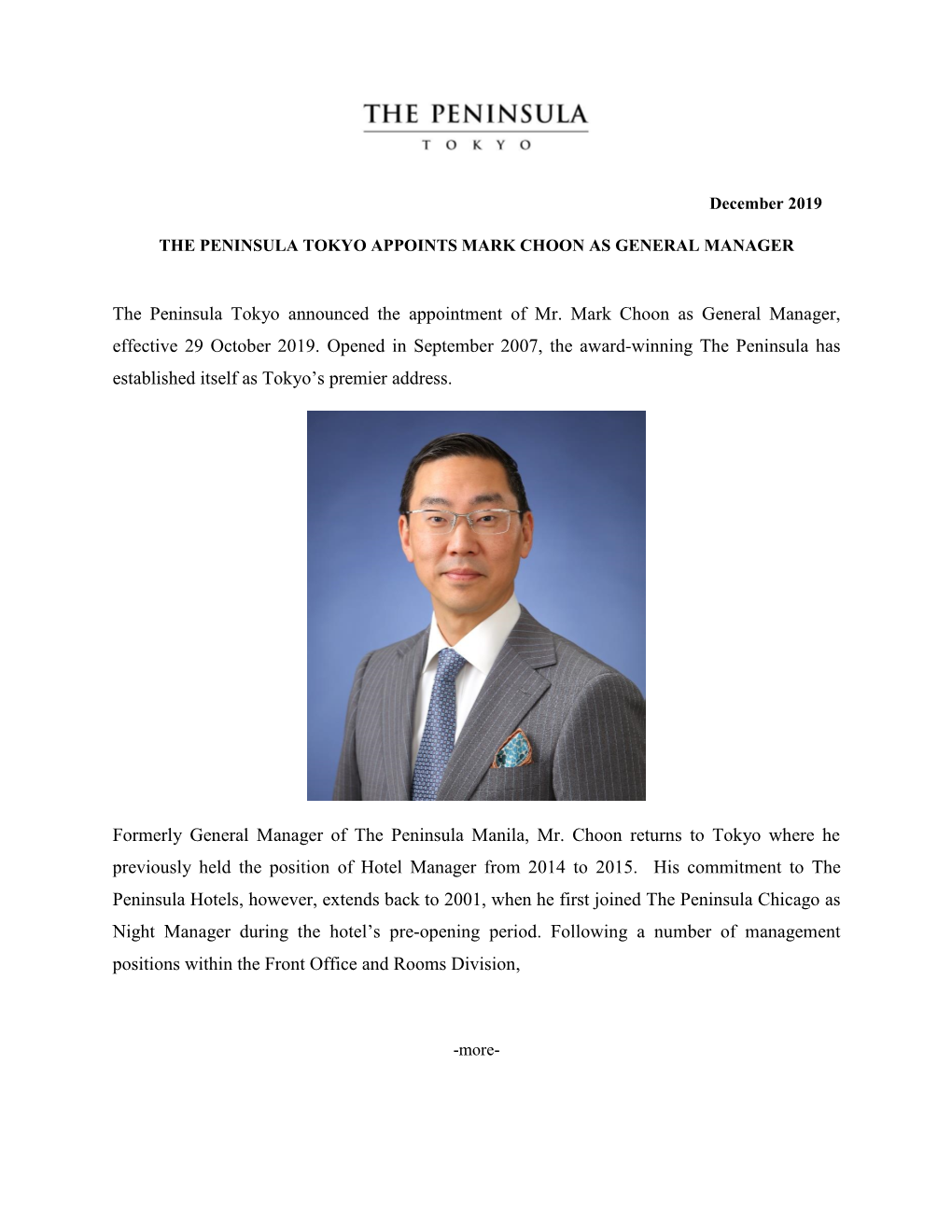 The Peninsula Tokyo Announced the Appointment of Mr. Mark Choon As General Manager, Effective 29 October 2019