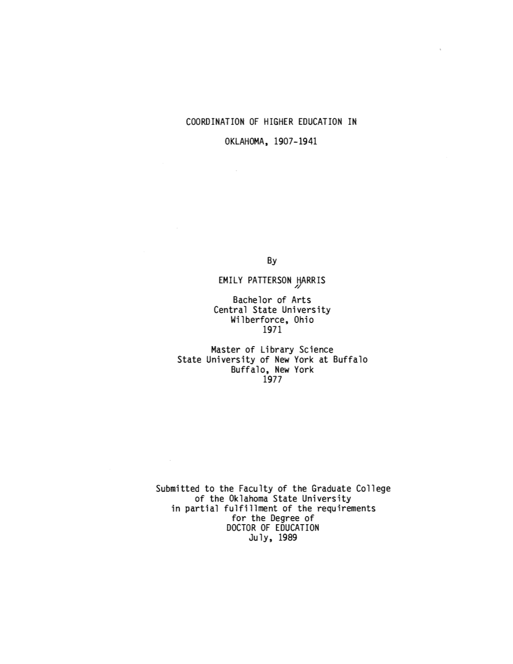Coordination of Higher Education in Oklahoma, 1907-1941