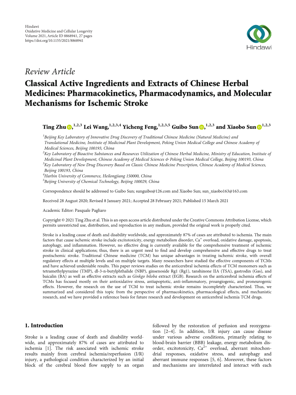 Classical Active Ingredients and Extracts of Chinese Herbal Medicines: Pharmacokinetics, Pharmacodynamics, and Molecular Mechanisms for Ischemic Stroke