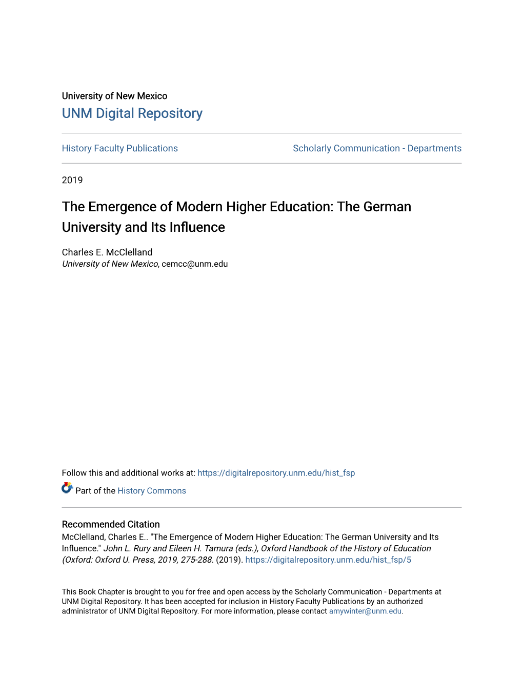 The Emergence of Modern Higher Education: the German University and Its Influence