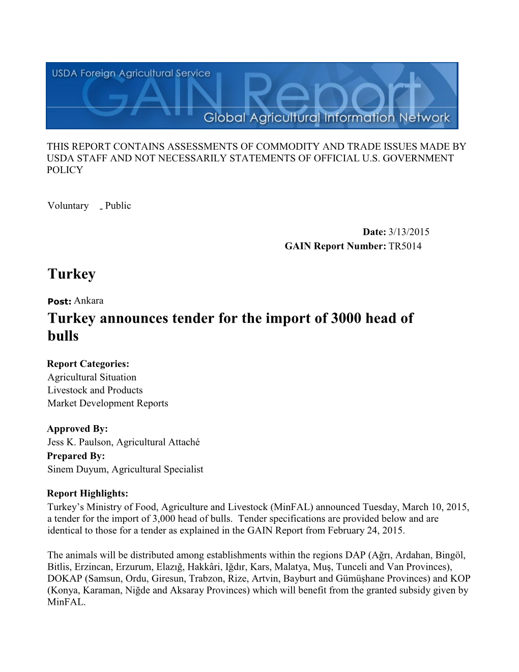 Turkey Announces Tender for the Import of 3000 Head of Bulls Turkey