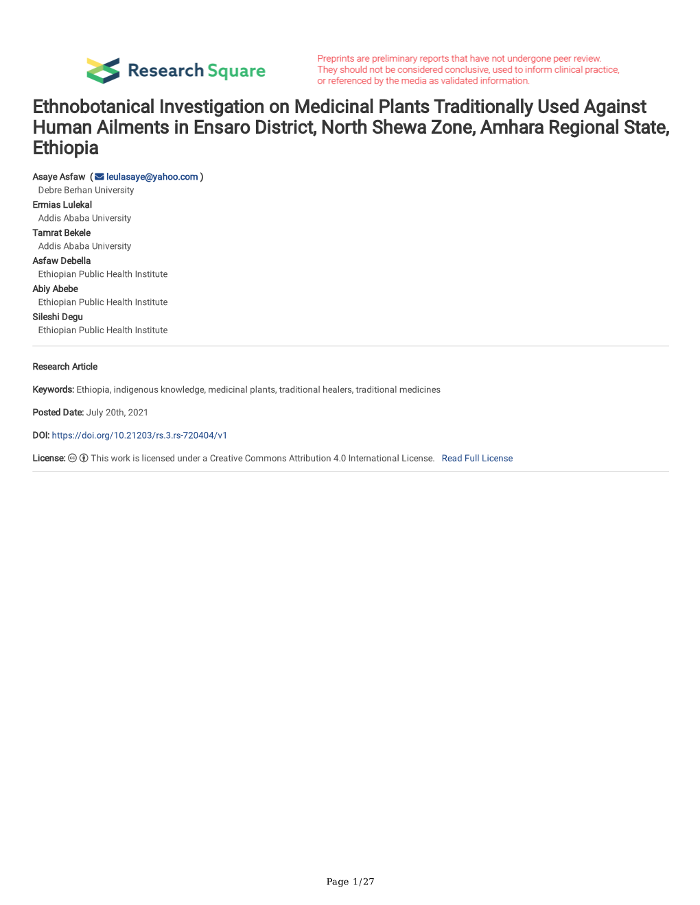 Ethnobotanical Investigation on Medicinal Plants Traditionally Used Against Human Ailments in Ensaro District, North Shewa Zone, Amhara Regional State, Ethiopia