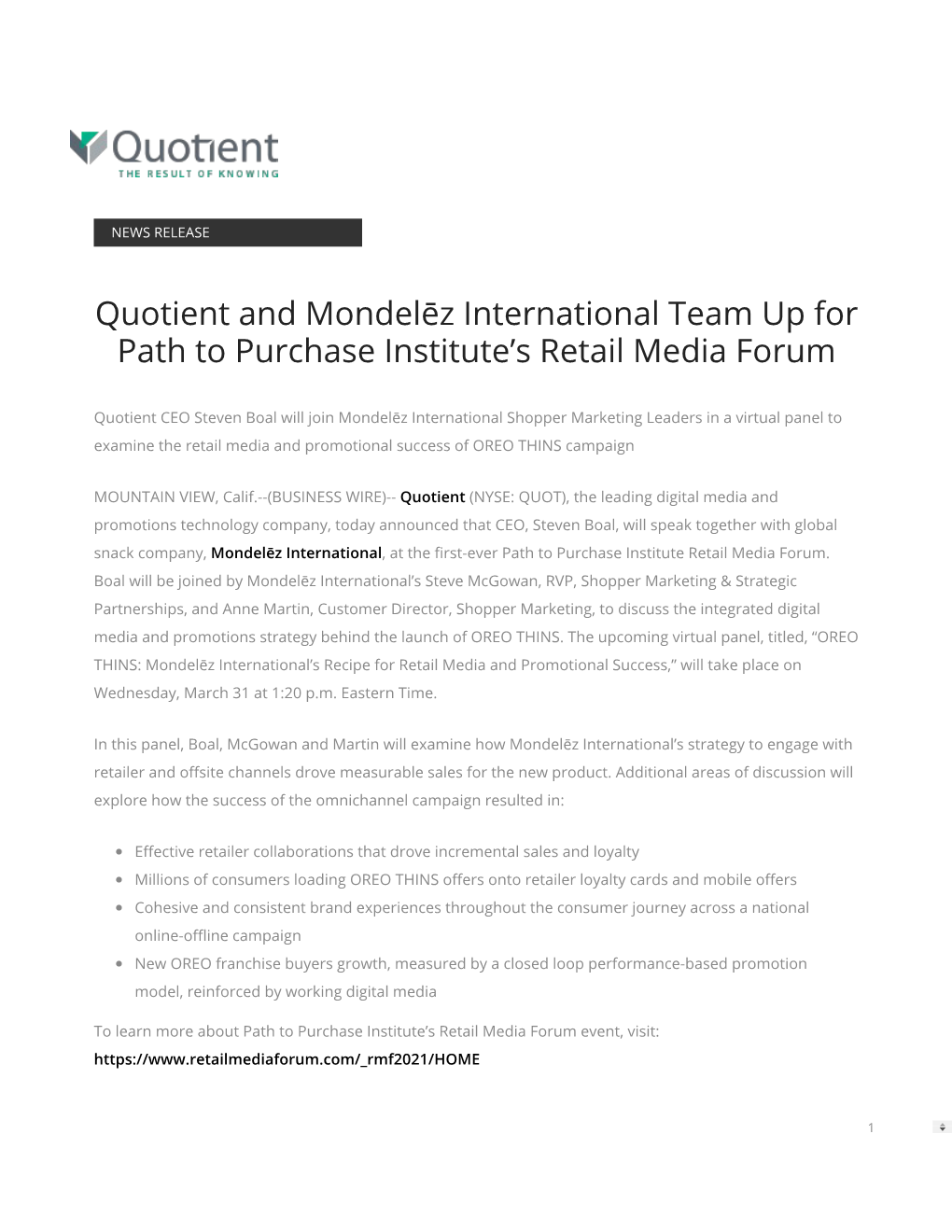 Quotient and Mondelēz International Team up for Path to Purchase Institute’S Retail Media Forum