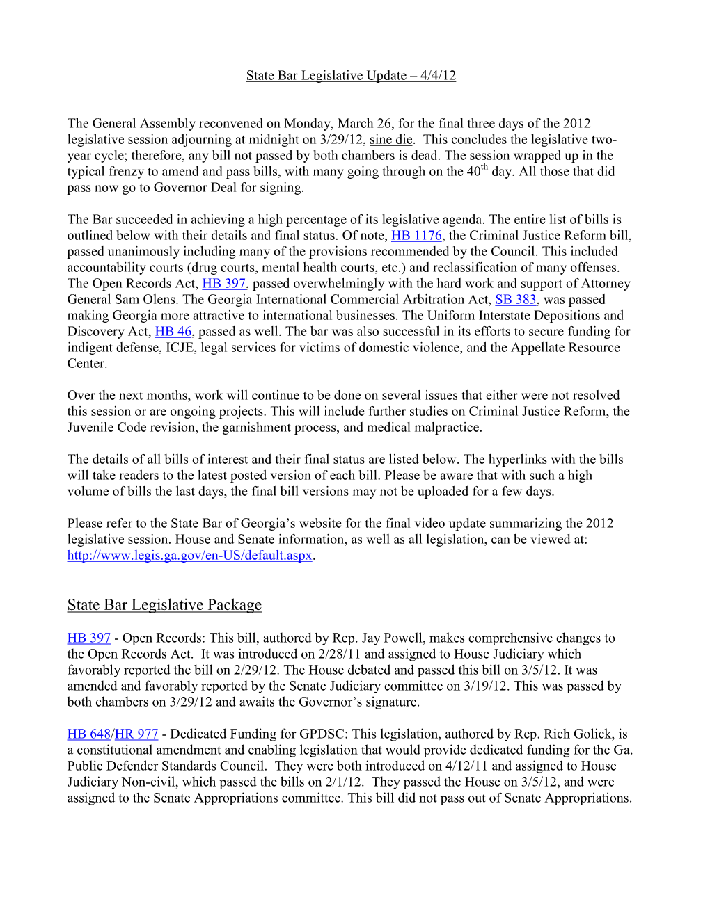 State Bar Legislative Update – 4/4/12