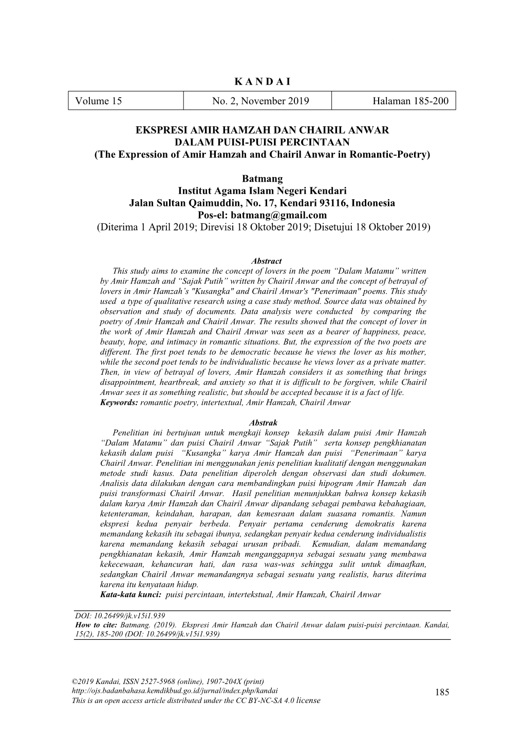 K a N D a I EKSPRESI AMIR HAMZAH DAN CHAIRIL ANWAR DALAM PUISI-PUISI PERCINTAAN (The Expression of Amir Hamzah and Chairil Anwar