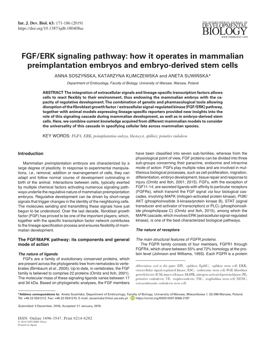 FGF/ERK Signaling Pathway: How It Operates in Mammalian Preimplantation Embryos and Embryo-Derived Stem Cells