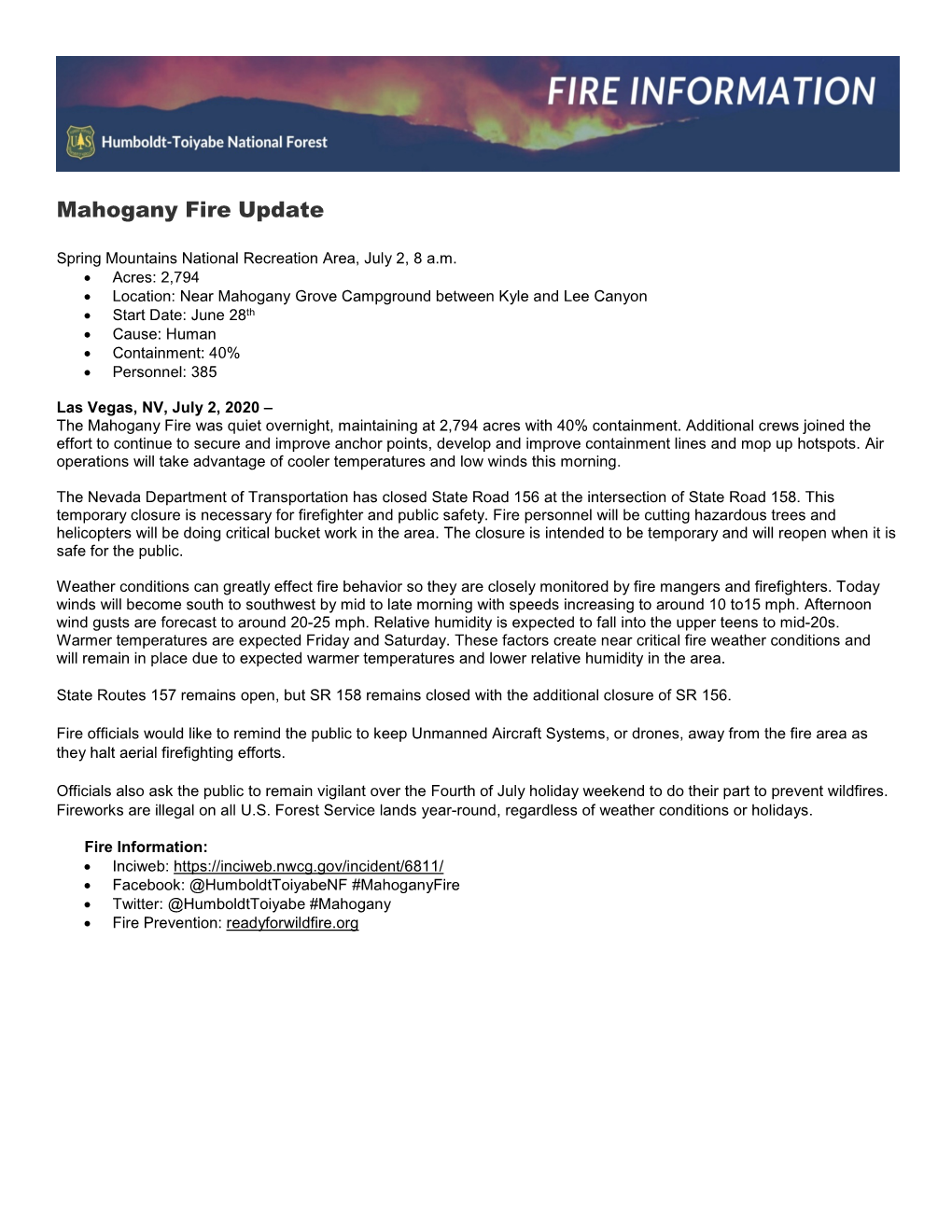 Mahogany Fire Update