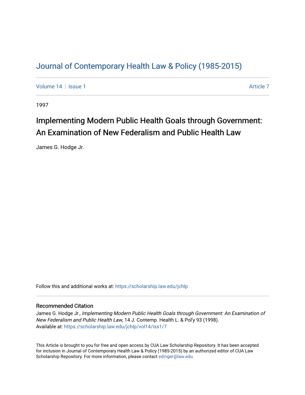 An Examination of New Federalism and Public Health Law