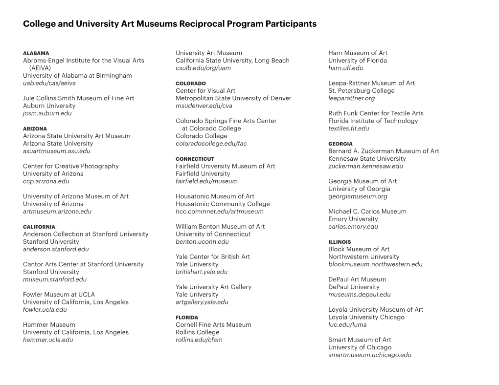 College and University Art Museums Reciprocal Program Participants