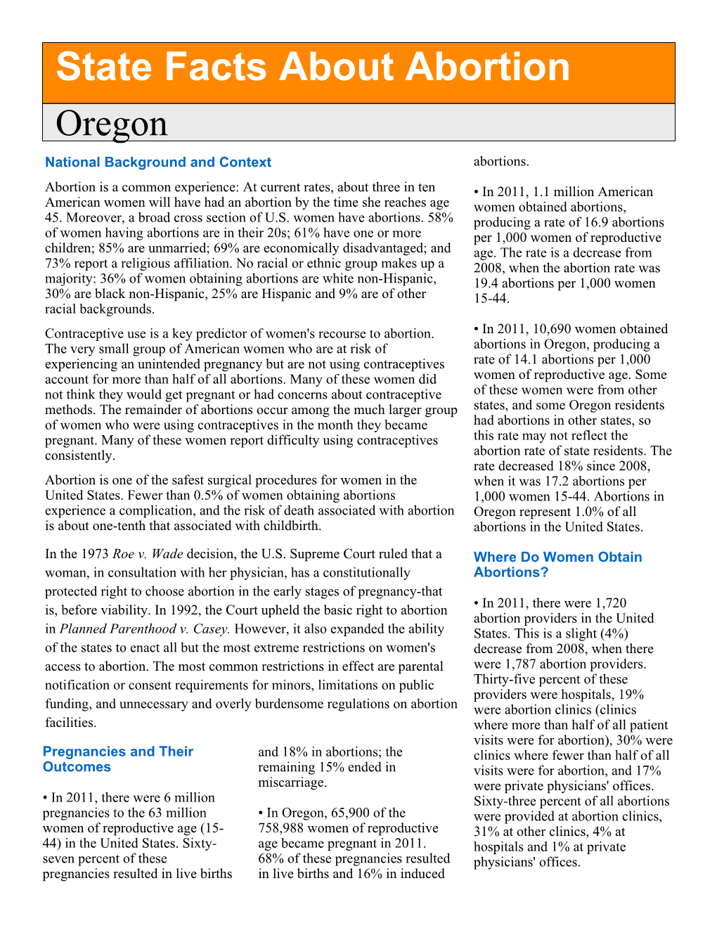 State Facts About Abortion Oregon National Background and Context Abortions