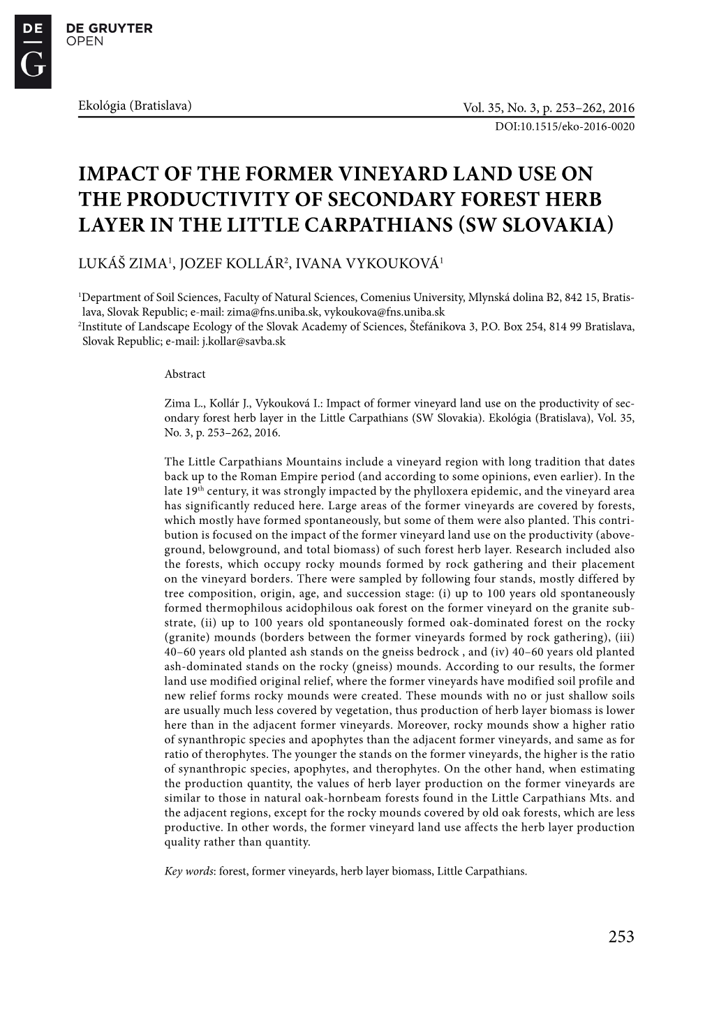 Impact of the Former Vineyard Land Use on the Productivity of Secondary Forest Herb Layer in the LITTLE CARPATHIANS (SW SLOVAKIA)