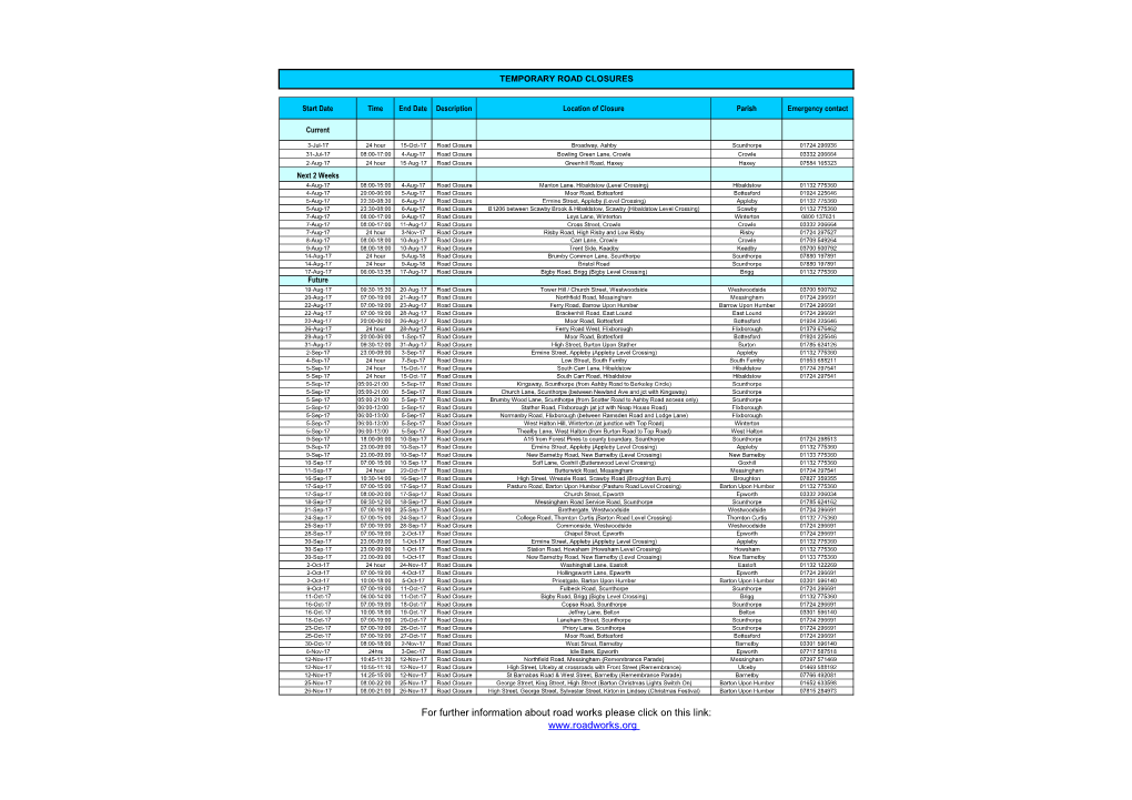 For Further Information About Road Works
