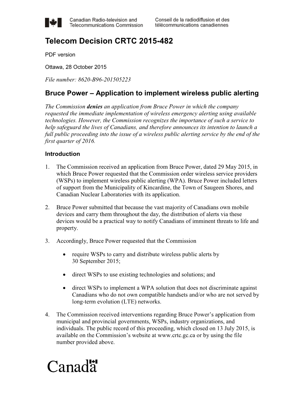 Bruce Power – Application to Implement Wireless Public Alerting