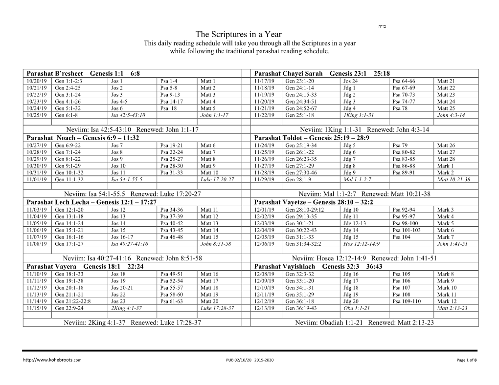 The Scriptures in a Year This Daily Reading Schedule Will Take You Through All the Scriptures in a Year While Following the Traditional Parashat Reading Schedule