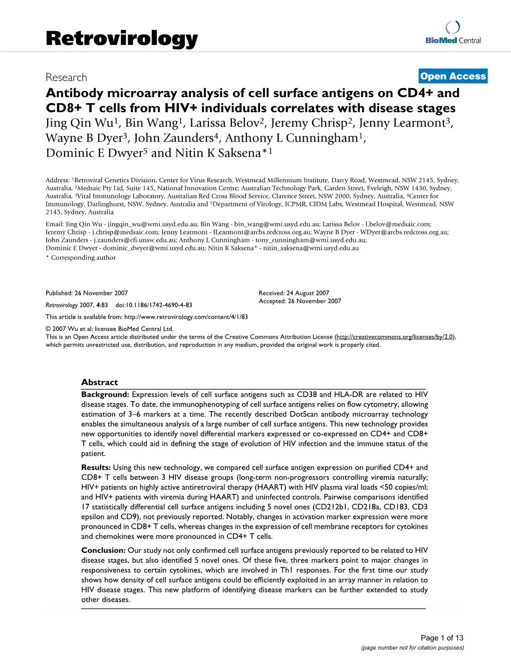 Antibody Microarray Analysis of Cell Surface Antigens on CD4+ and CD8+ T Cells from HIV+ Individuals Correlates with Disease Stages