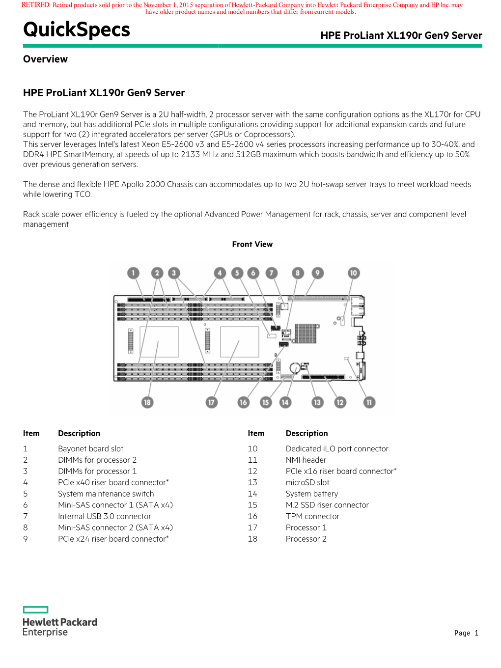Quickspecs HPE Proliant Xl190r Gen9 Server Overview