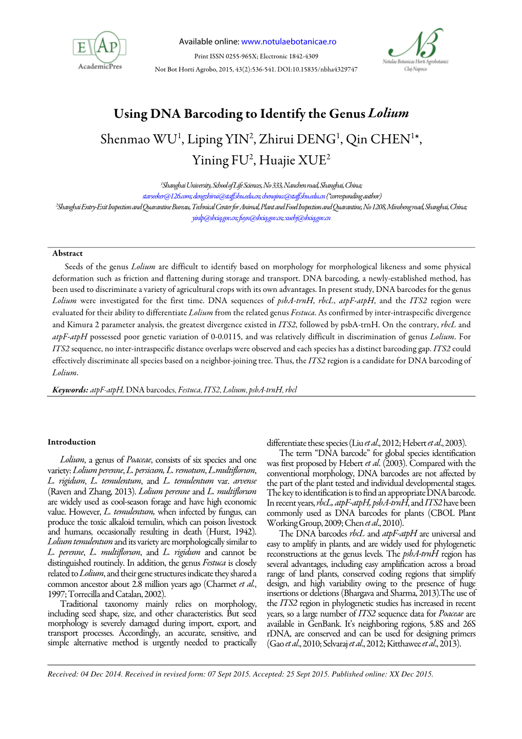 Using DNA Barcoding to Identify the Genus Lolium Shenmao WU1