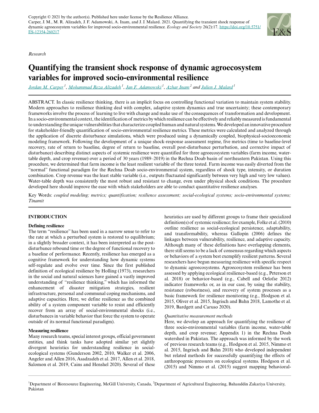 Quantifying the Transient Shock Response of Dynamic Agroecosystem Variables for Improved Socio-Environmental Resilience