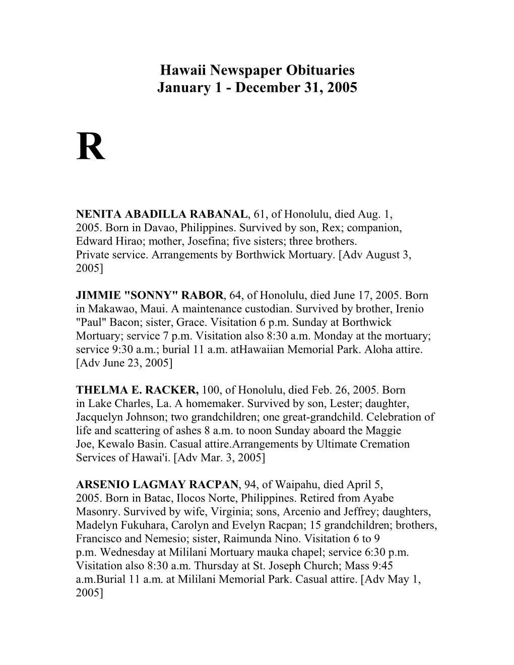 Hawaii Newspaper Obituaries January 1 - December 31, 2005 R