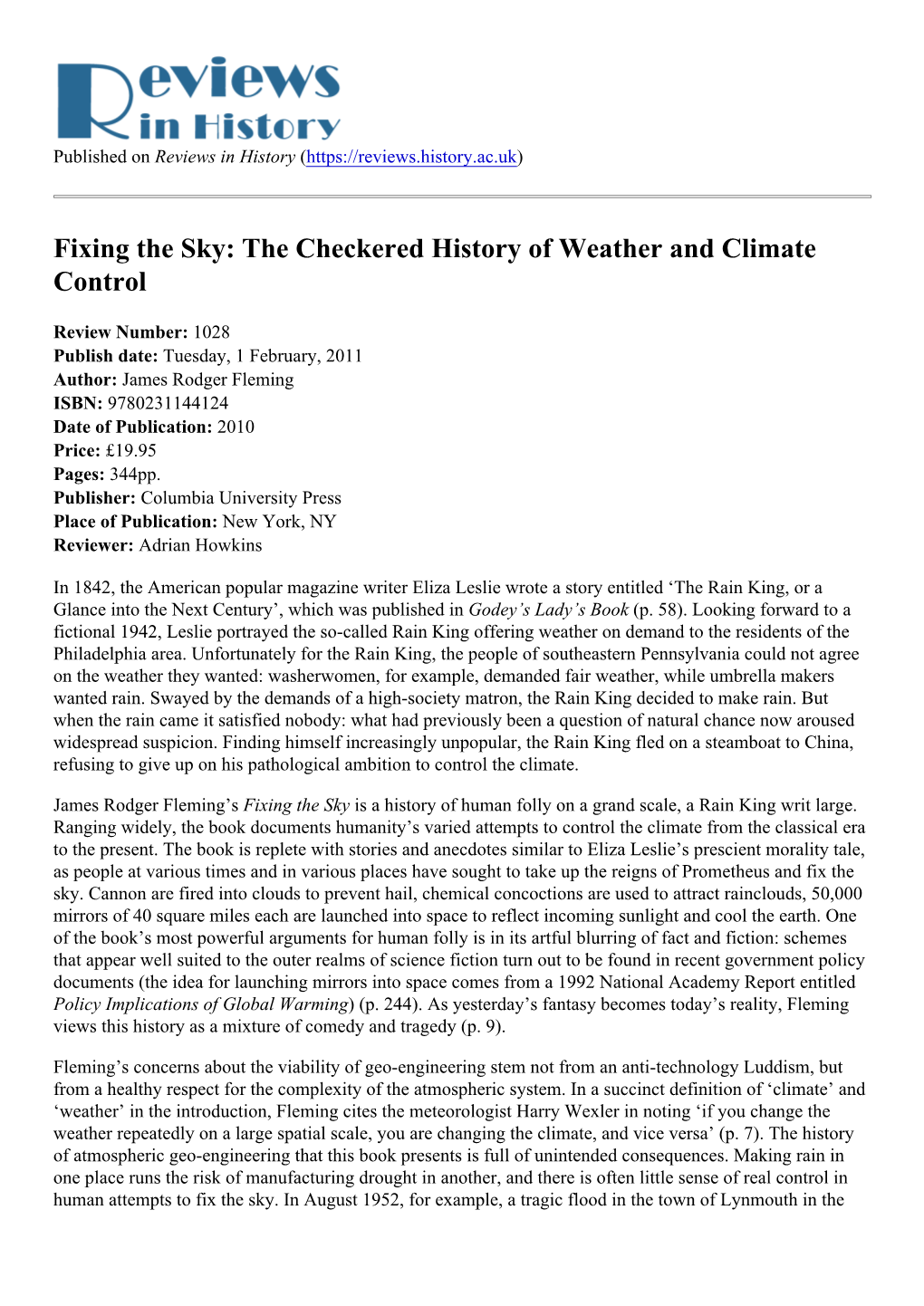 Fixing the Sky: the Checkered History of Weather and Climate Control