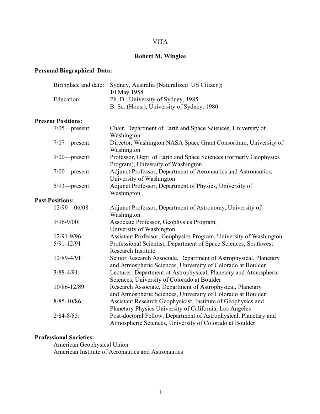1 VITA Robert M. Winglee Personal Biographical Data