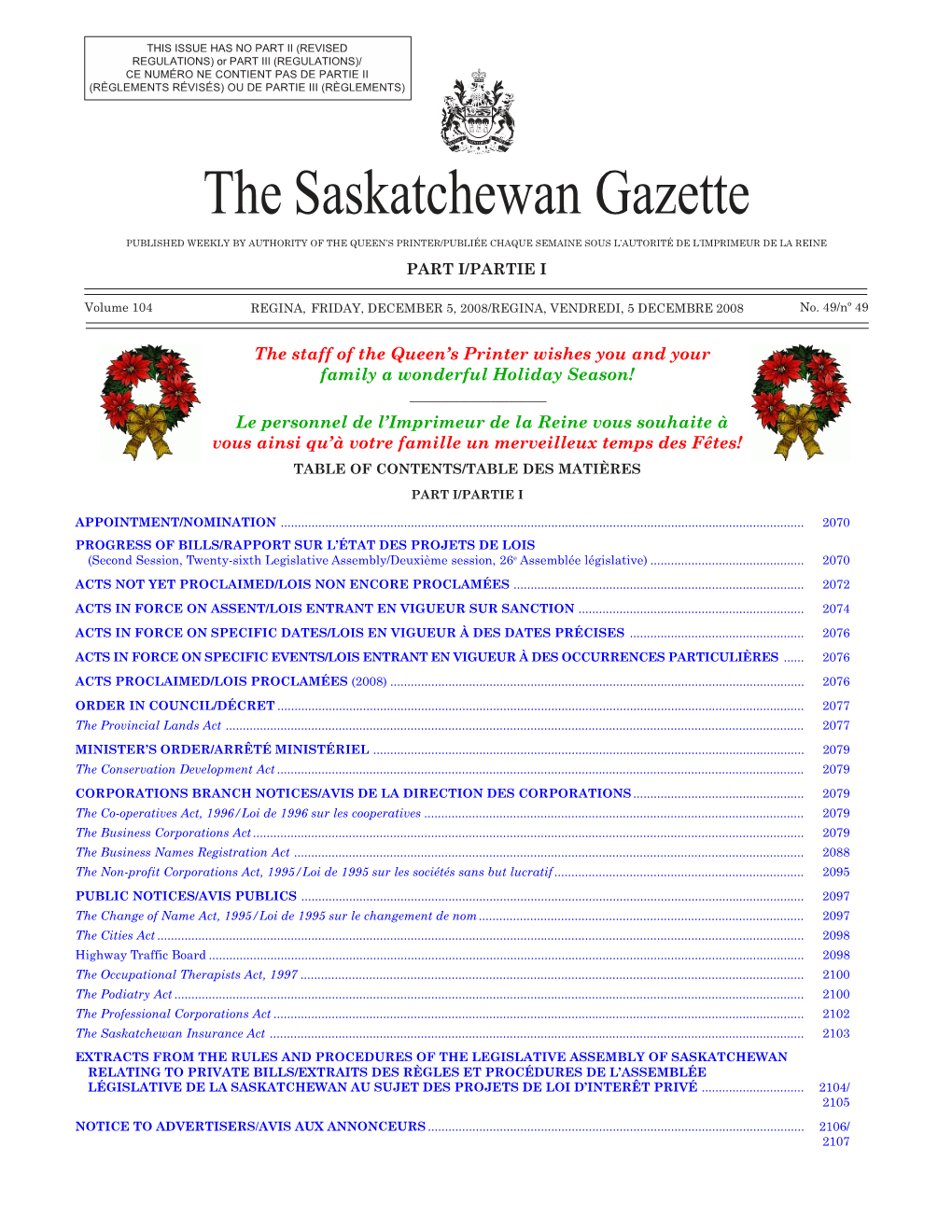 Sask Gazette, Part I, Dec 5,2008.Pmd