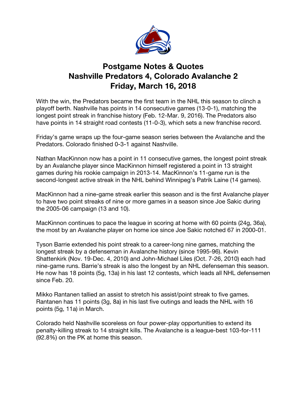 Postgame Notes & Quotes Nashville Predators 4, Colorado Avalanche 2