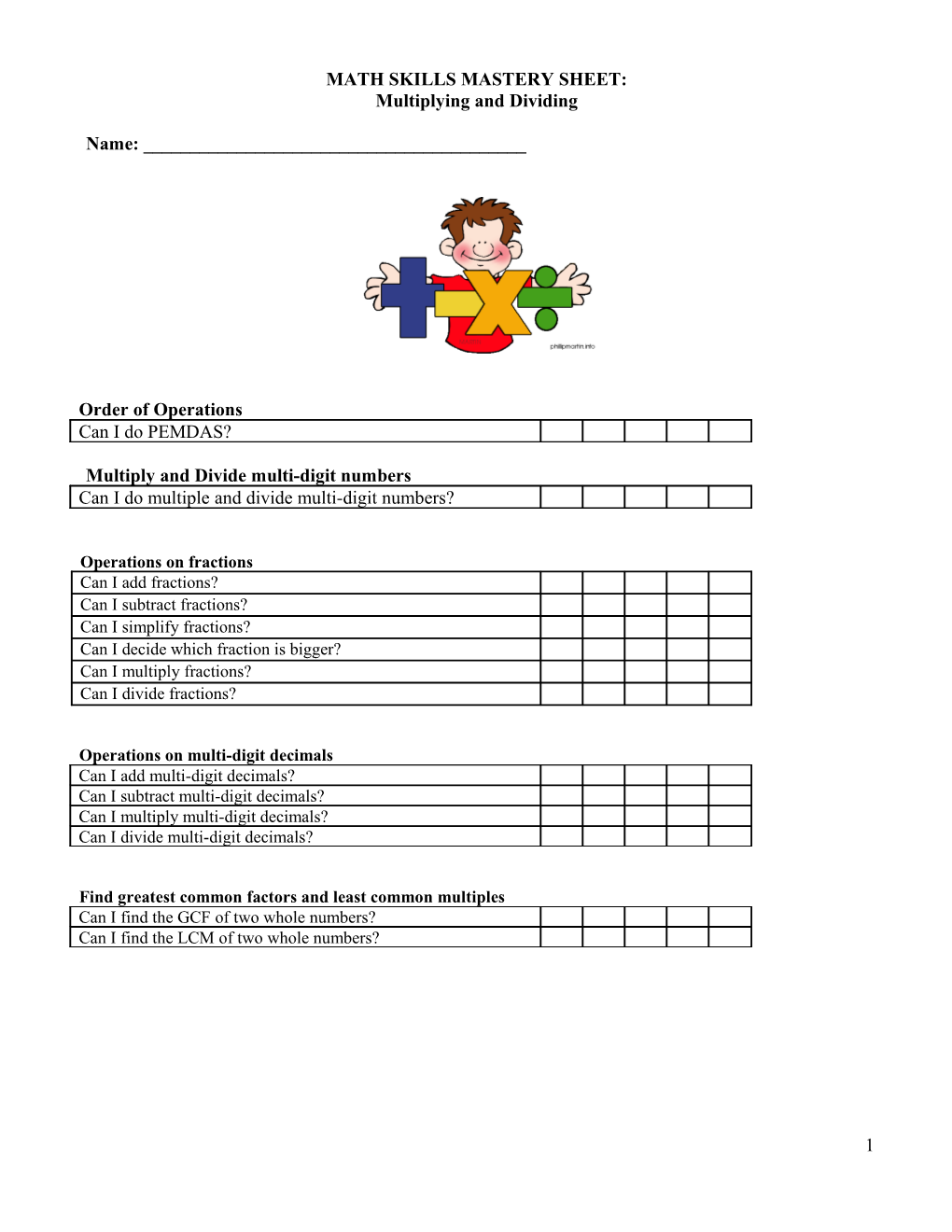 Math Skills Mastery Sheet