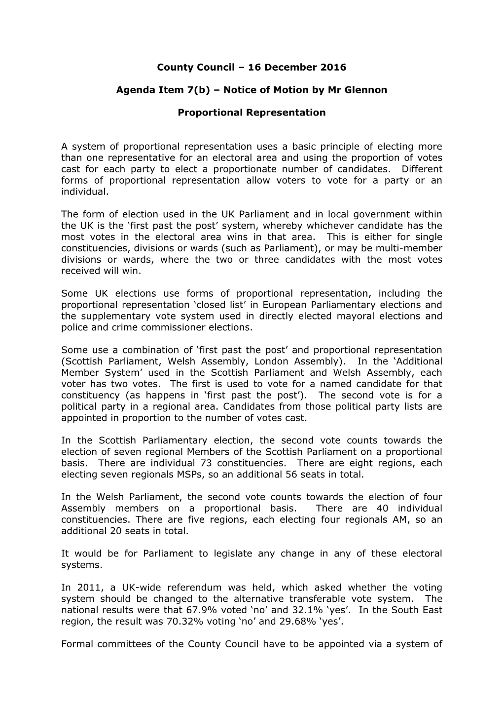 Notice of Motion on Proportional Representation