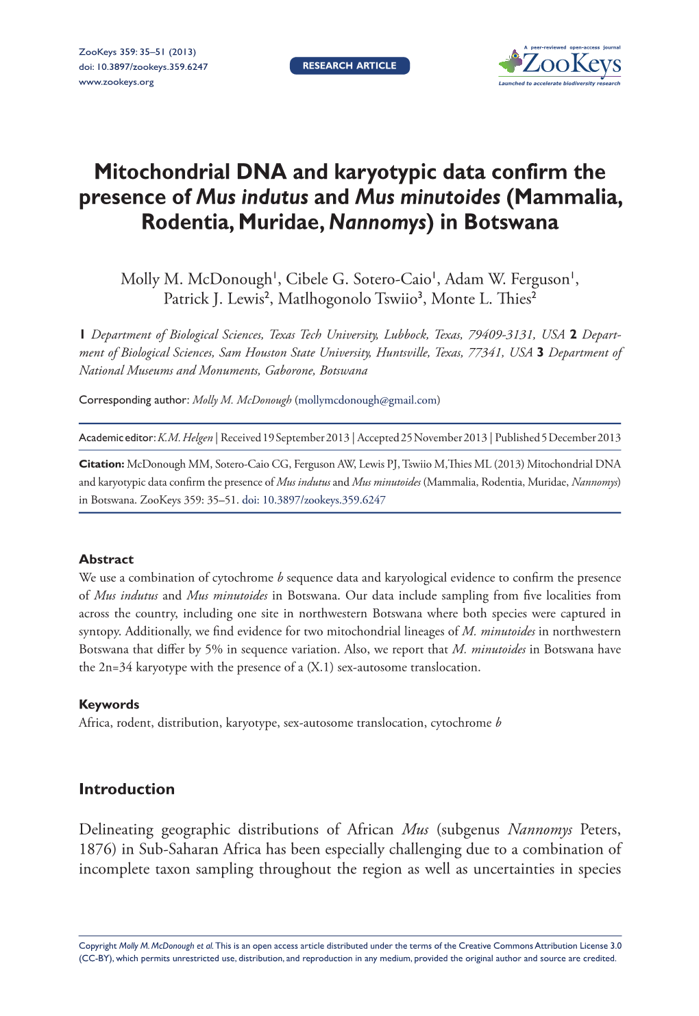 Mitochondrial DNA and Karyotypic Data Confirm the Presence of Mus Indutus and Mus Minutoides (Mammalia, Rodentia, Muridae, Nannomys) in Botswana