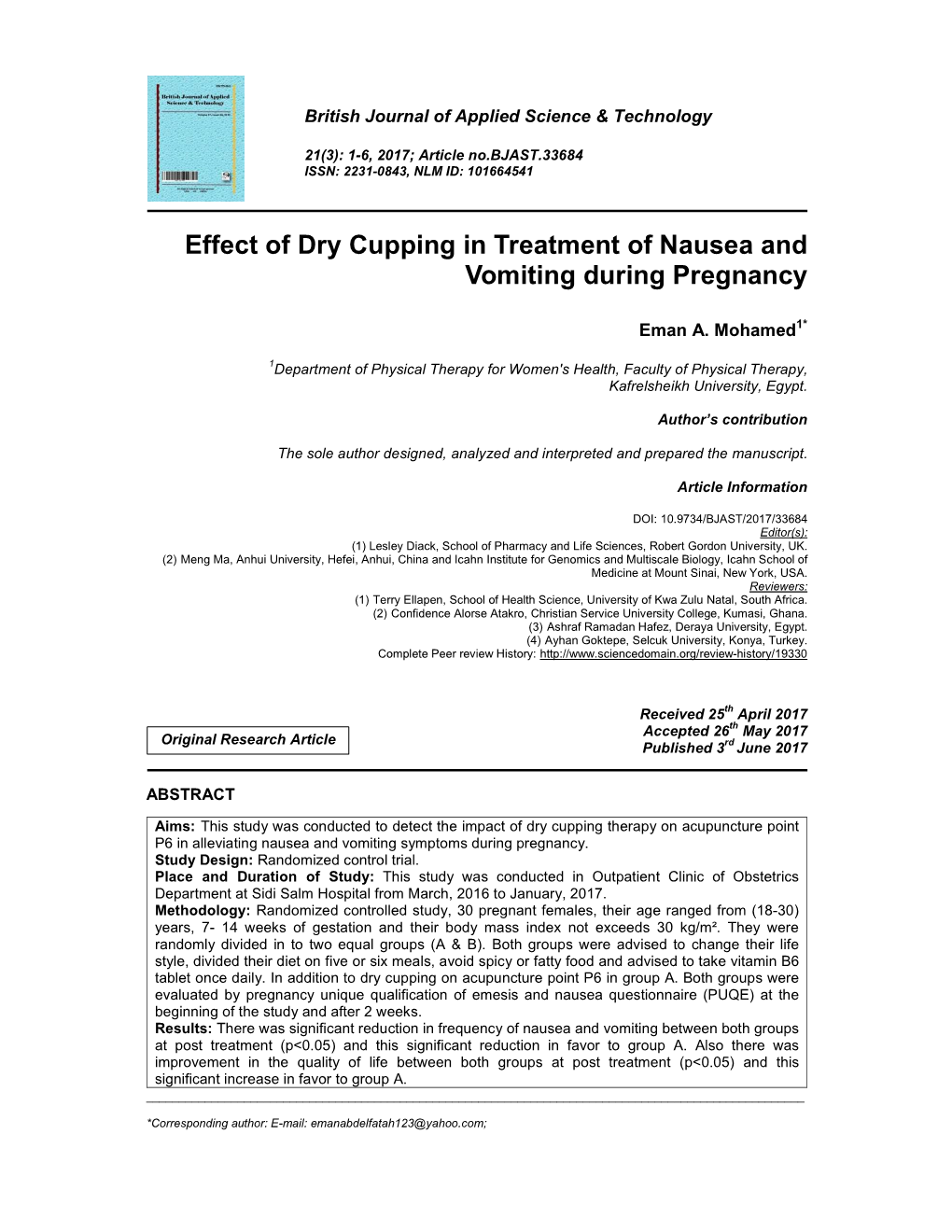 Effect of Dry Cupping in Treatment of Nausea and Vomiting During Pregnancy