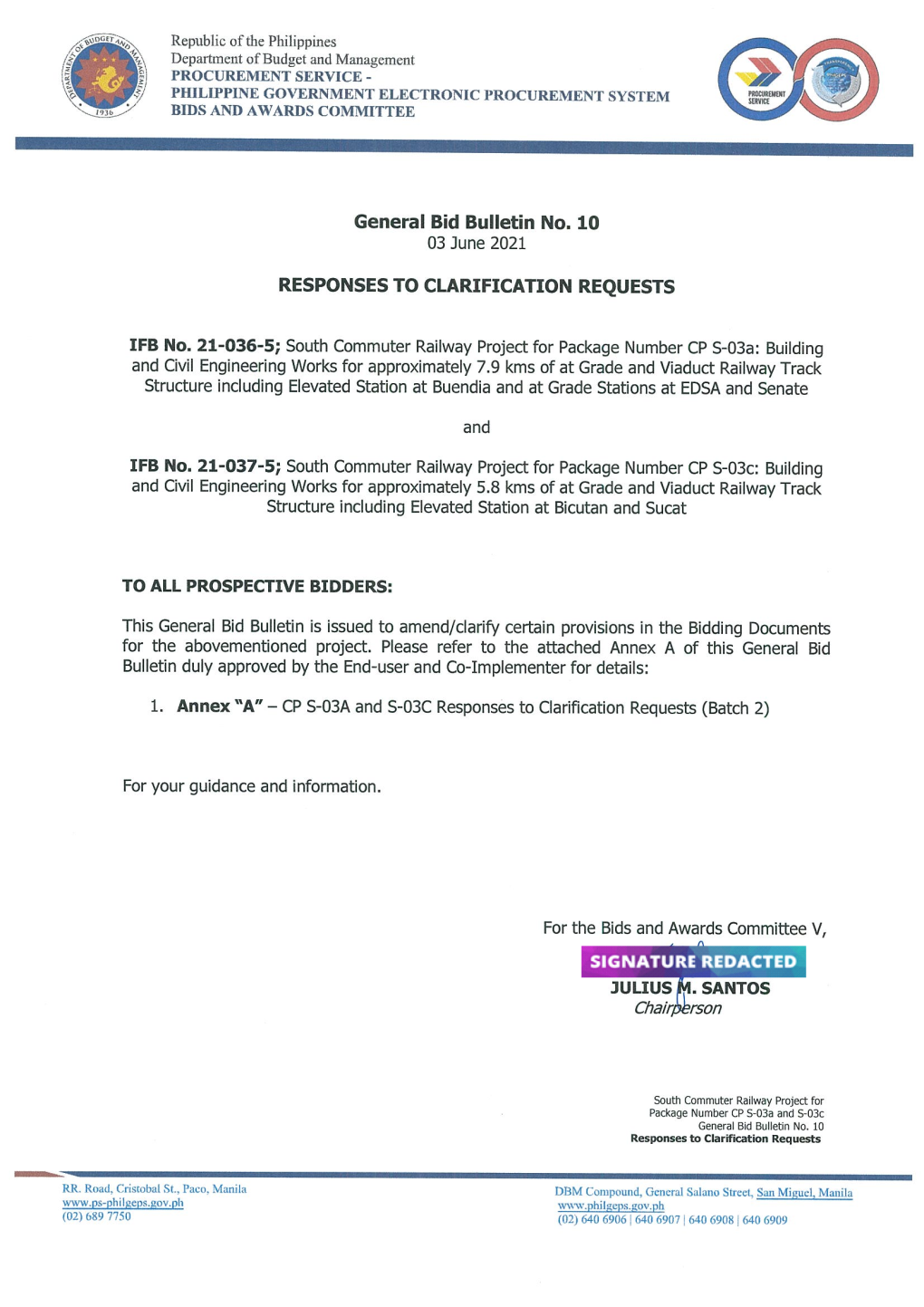 General Bid Bulletin No. 10 CP S03A and S03C Responses to Clarification Requests (Batch 2)