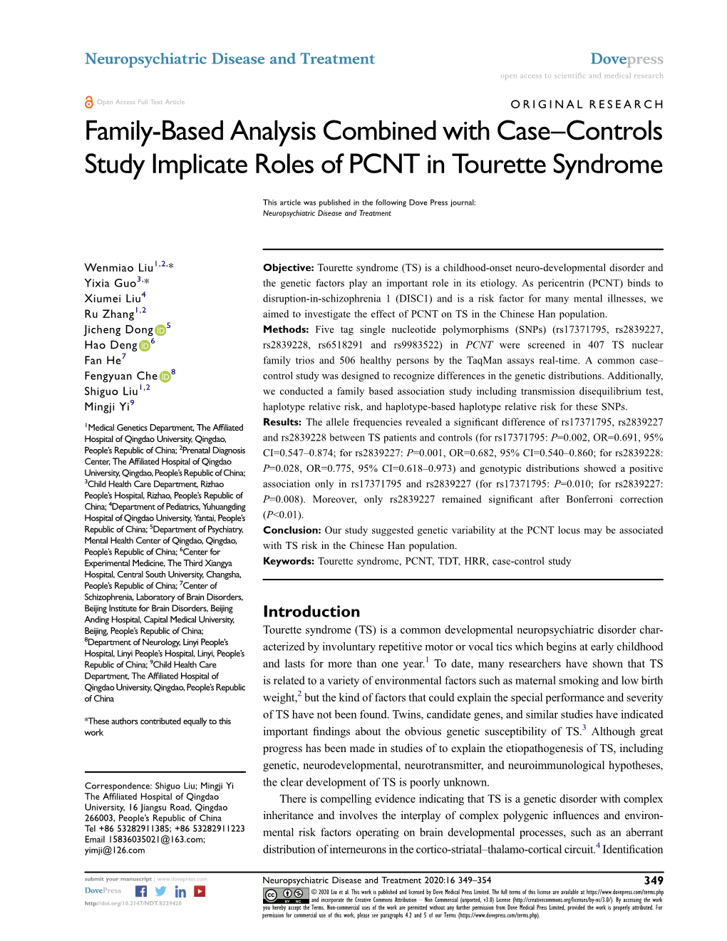 Family-Based Analysis Combined with Case–Controls Study Implicate Roles of PCNT in Tourette Syndrome