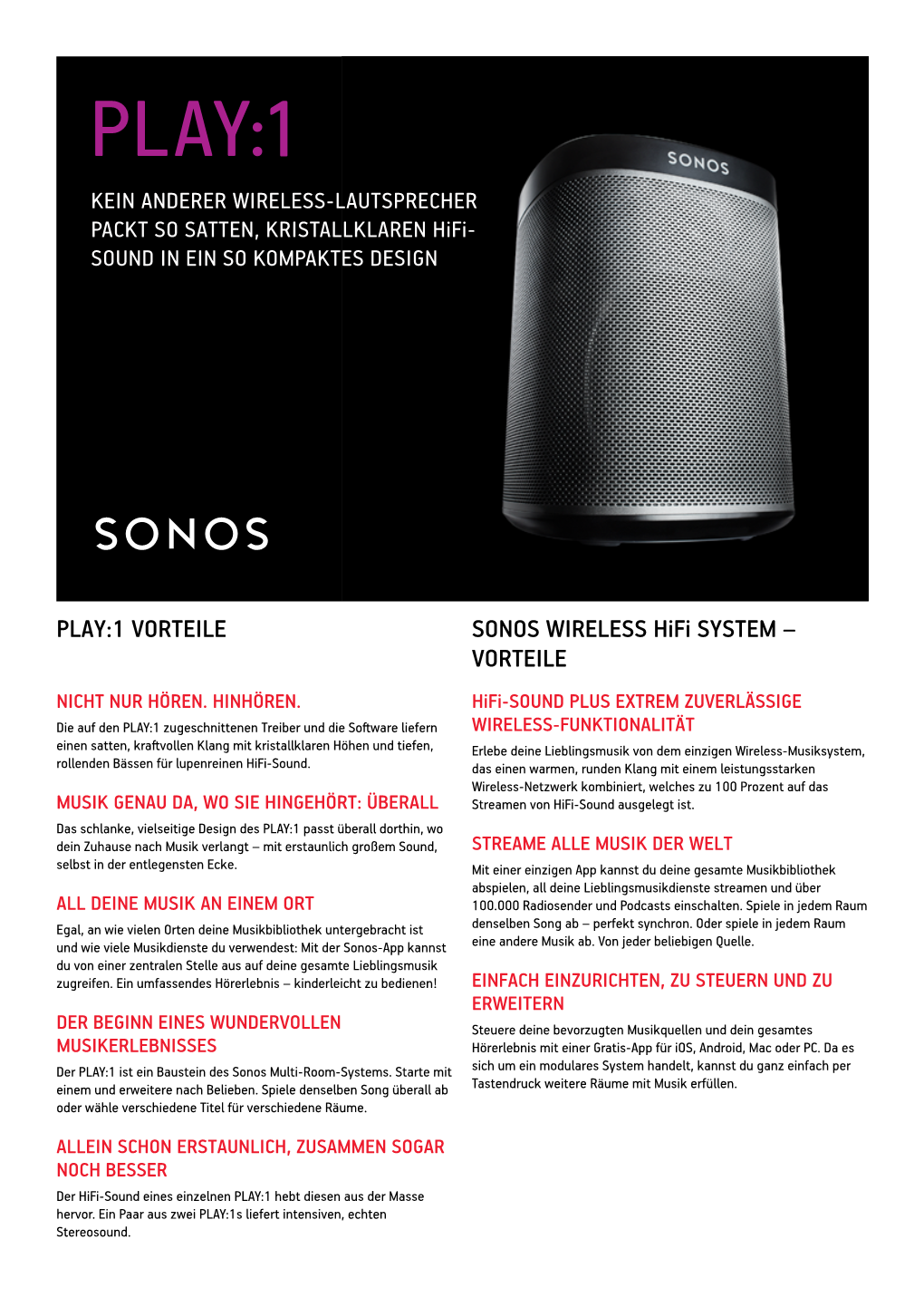 PLAY:1 VORTEILE SONOS WIRELESS Hifi SYSTEM – VORTEILE NICHT NUR HÖREN