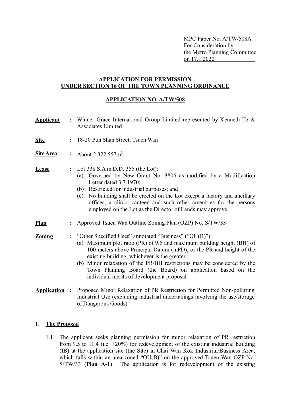 MPC Paper No. A/TW/508A for Consideration by the Metro Planning Committee on 17.1.2020