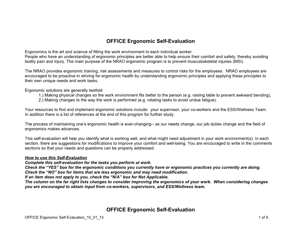 OFFICE Ergonomic Self-Evaluation