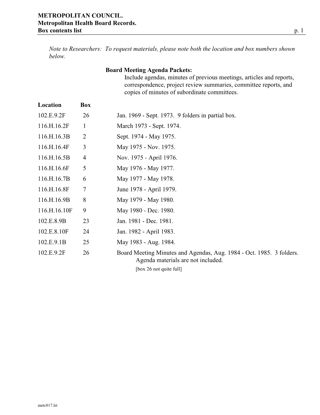 Metropolitan Health Board: an Inventory of Its Records