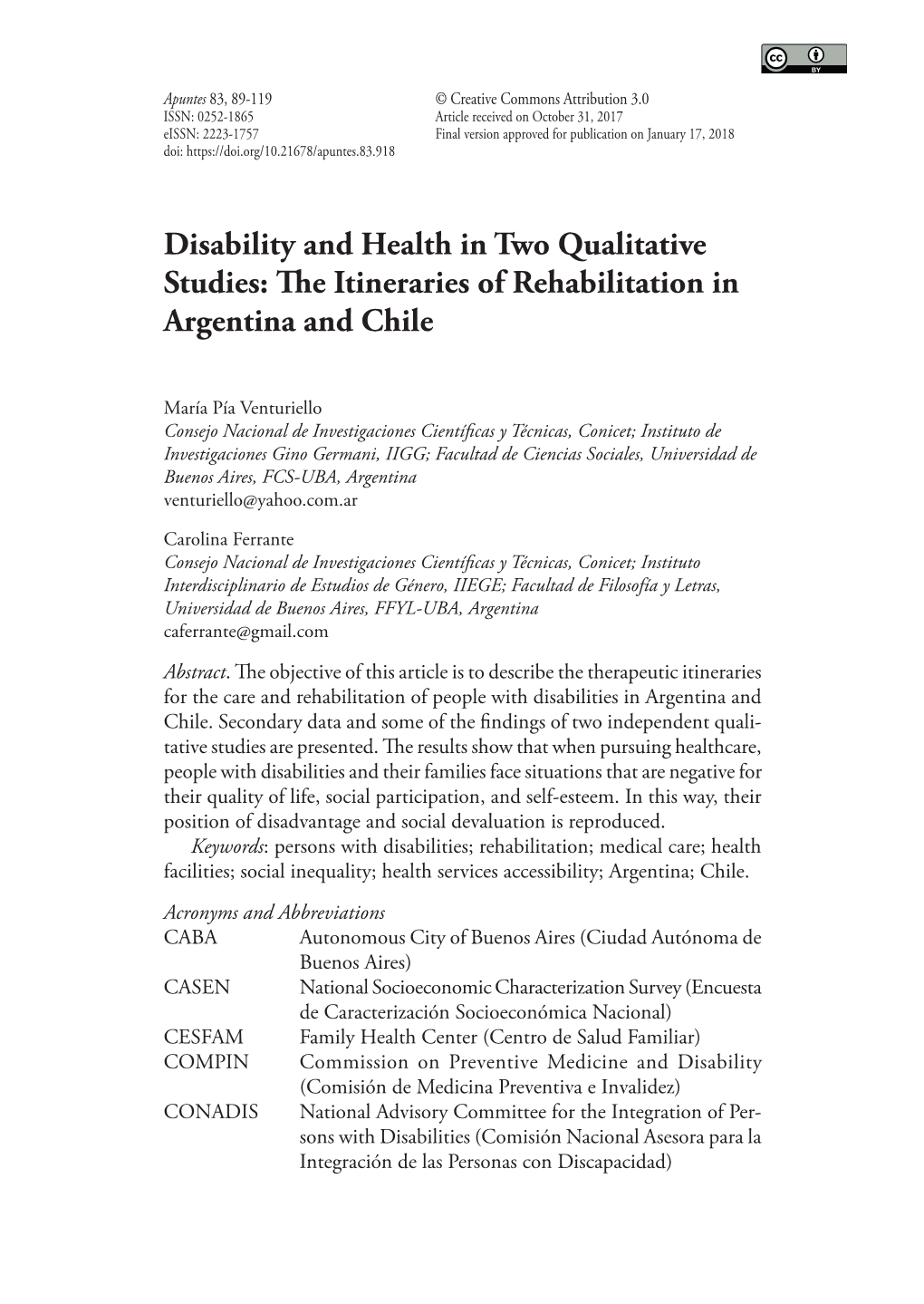 Disability and Health in Two Qualitative Studies: the Itineraries of Rehabilitation in Argentina and Chile