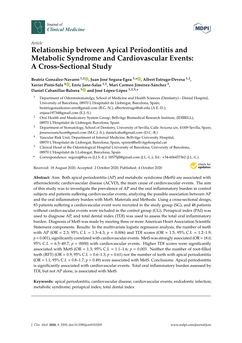 Relationship Between Apical Periodontitis and Metabolic Syndrome and Cardiovascular Events: a Cross-Sectional Study