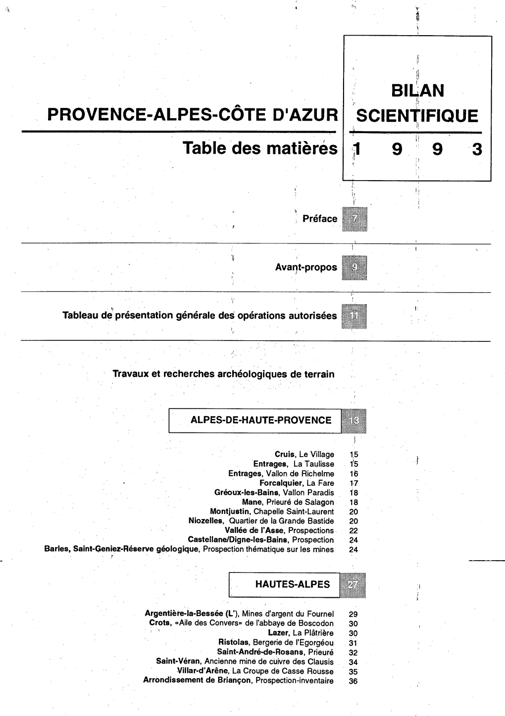 BILAN PROVENCE-ALPES-CÔTE D'azur SCIENTIFIQUE Table Des