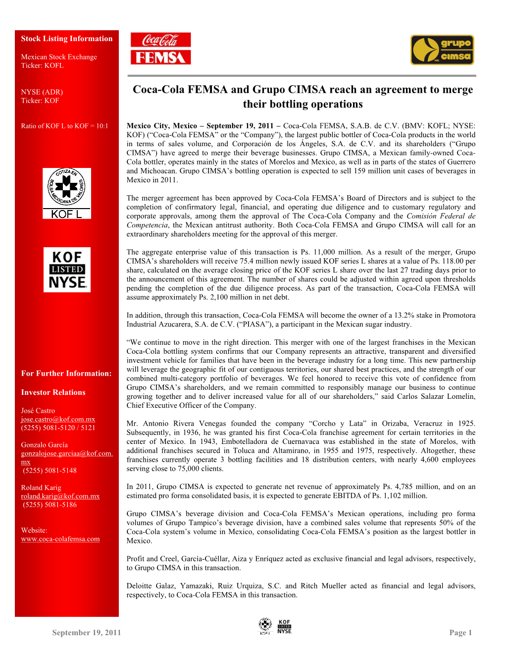 Coca-Cola FEMSA and Grupo CIMSA Reach an Agreement to Merge Their