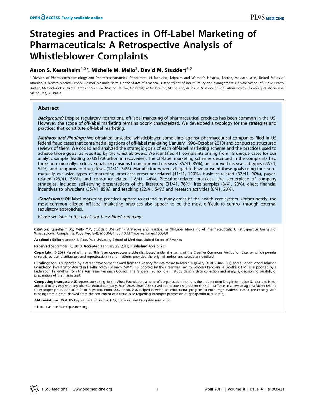 Strategies and Practices in Off-Label Marketing of Pharmaceuticals: a Retrospective Analysis of Whistleblower Complaints