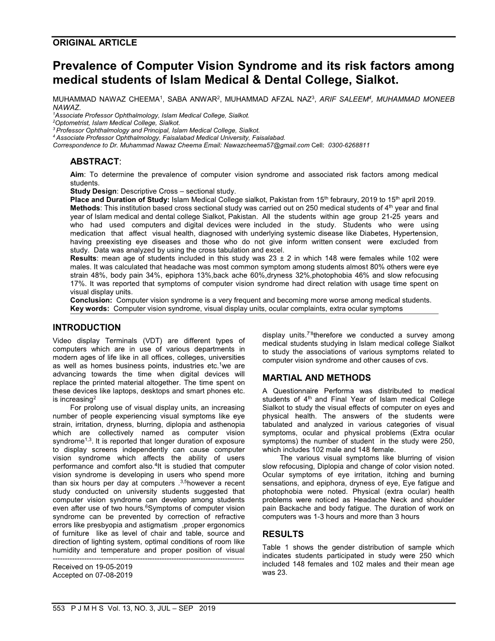 Prevalence of Computer Vision Syndrome and Its Risk Factors Among Medical Students of Islam Medical & Dental College, Sialkot